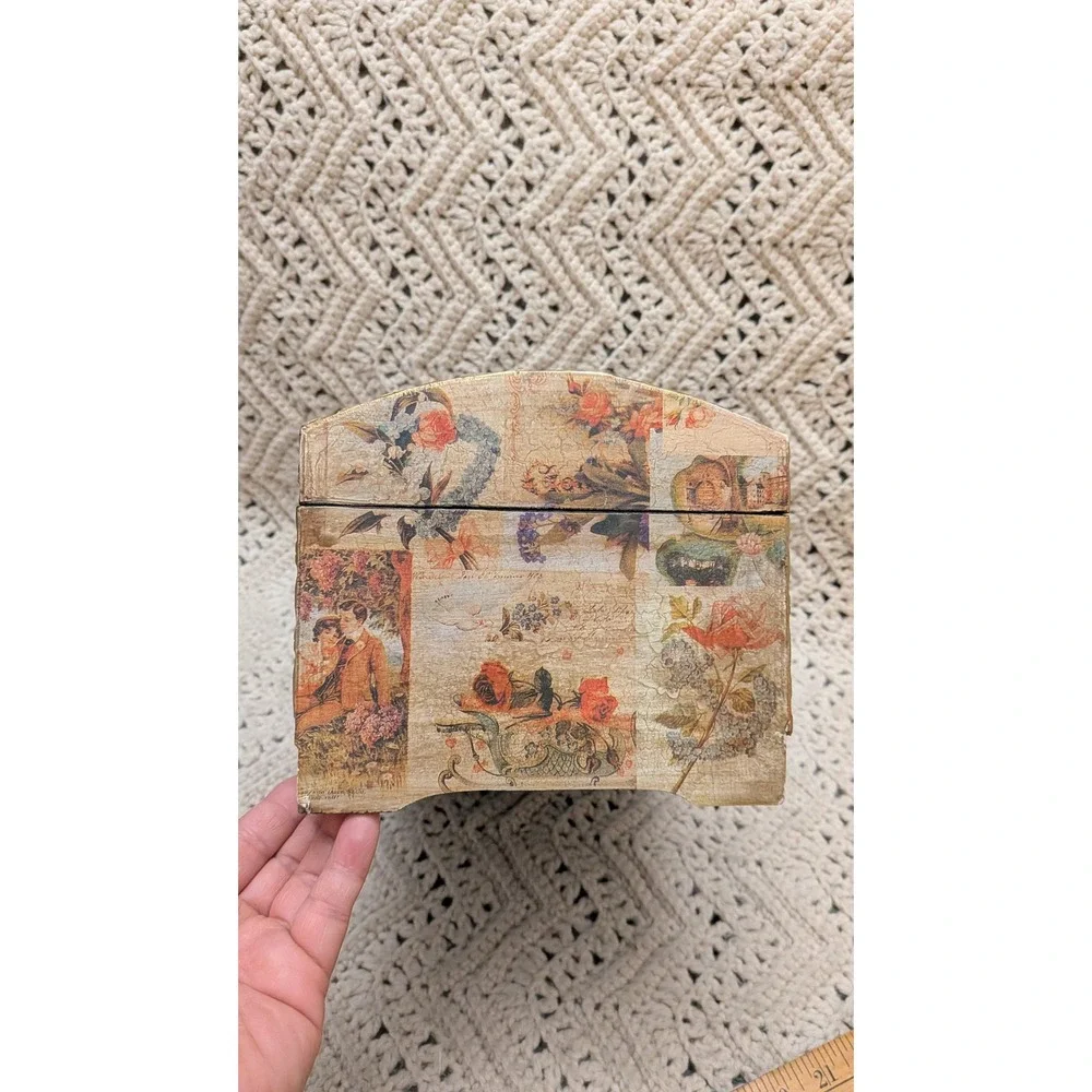 Vintage Style Decoupage Wooden Treasure Chest Jewelry Keepsake Box Gold Trim